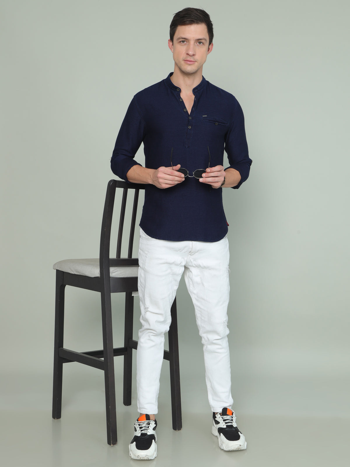 Men's Blue Slim Fit Solid Full Sleeves Casual Kurta Shirt