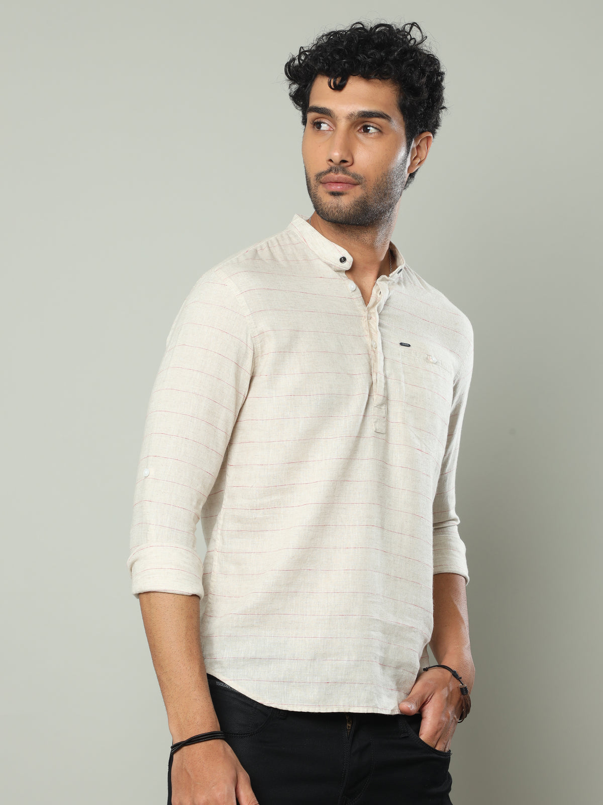 Men's Beige Slim Fit Stripes Full Sleeve Linen Casual Kurta Shirts