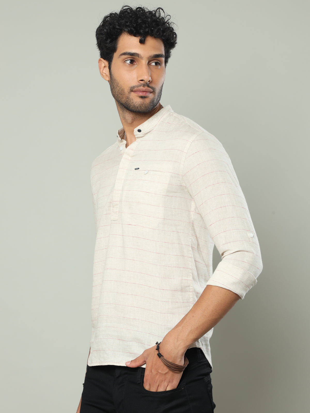 Men's Beige Slim Fit Stripes Full Sleeve Linen Casual Kurta Shirts
