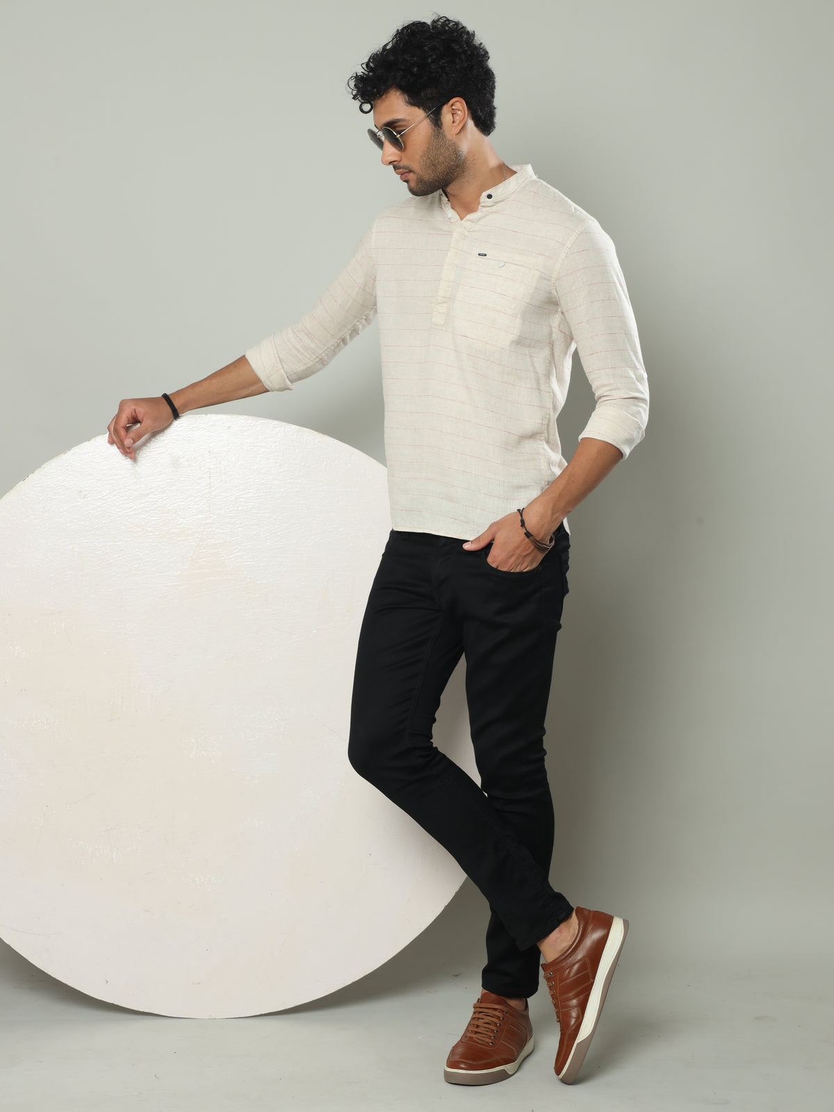 Men's Beige Slim Fit Stripes Full Sleeve Linen Casual Kurta Shirts