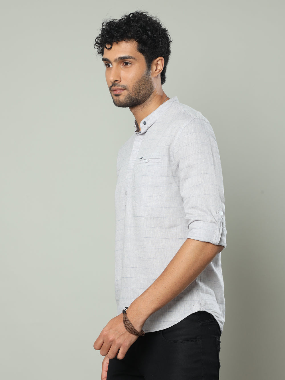 Men's Grey Slim Fit Stripes Full Sleeve Linen Casual Kurta Shirts