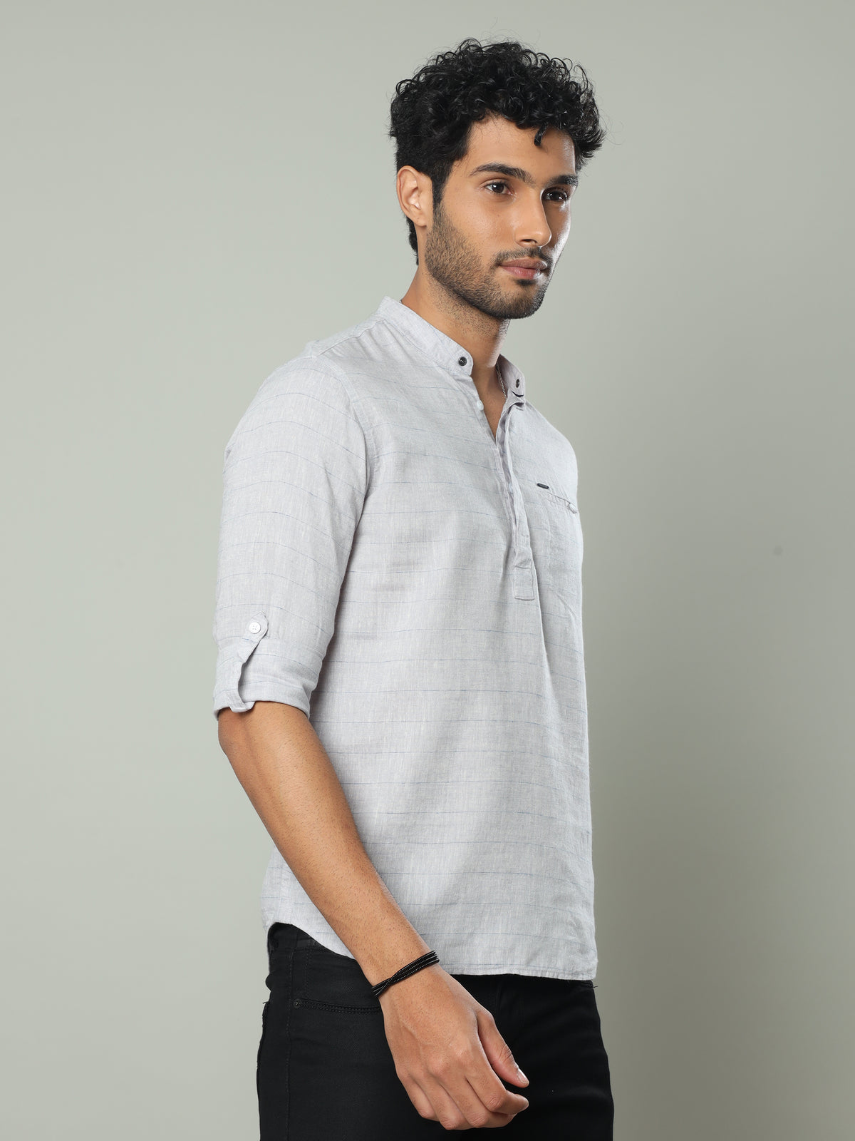 Men's Grey Slim Fit Stripes Full Sleeve Linen Casual Kurta Shirts