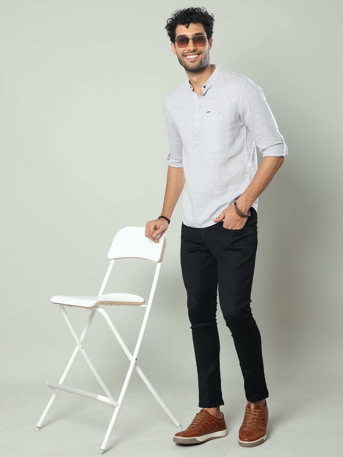 Men's Grey Slim Fit Stripes Full Sleeve Linen Casual Kurta Shirts