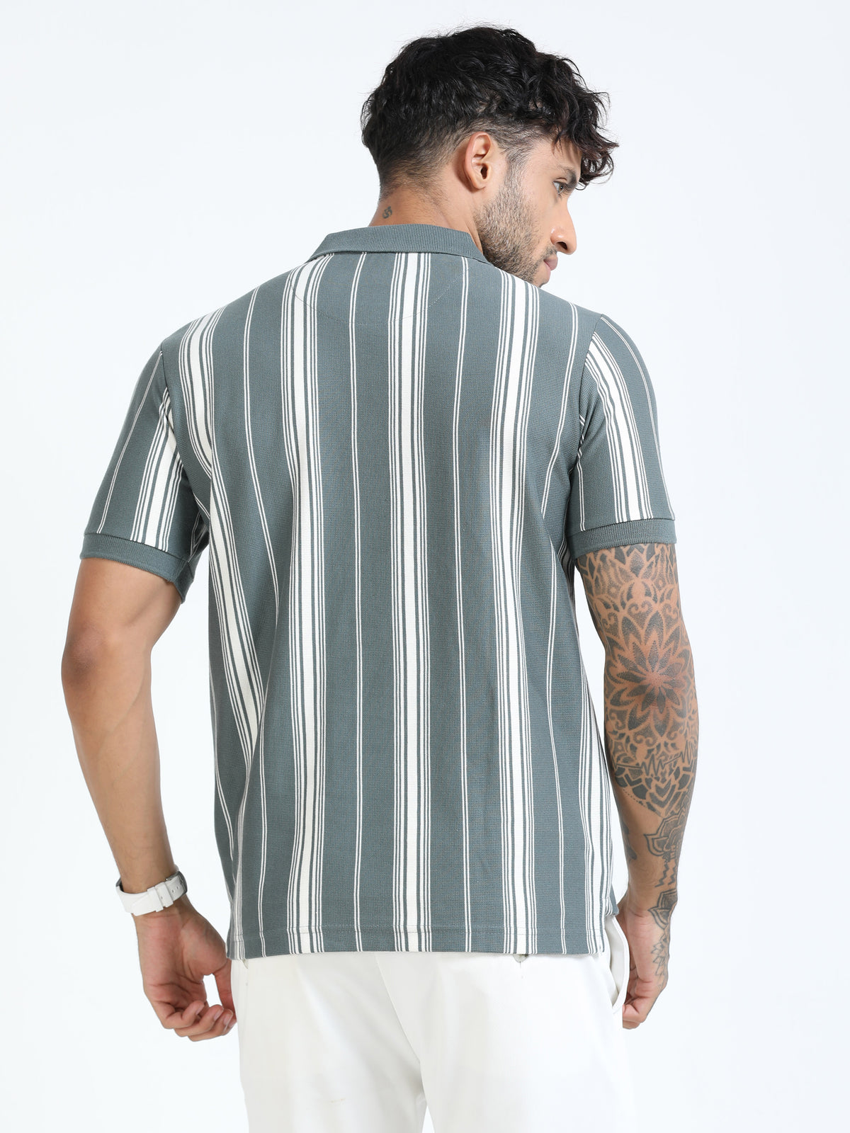 Men Lt. Green Slim Fit Stripes Polo T-Shirt