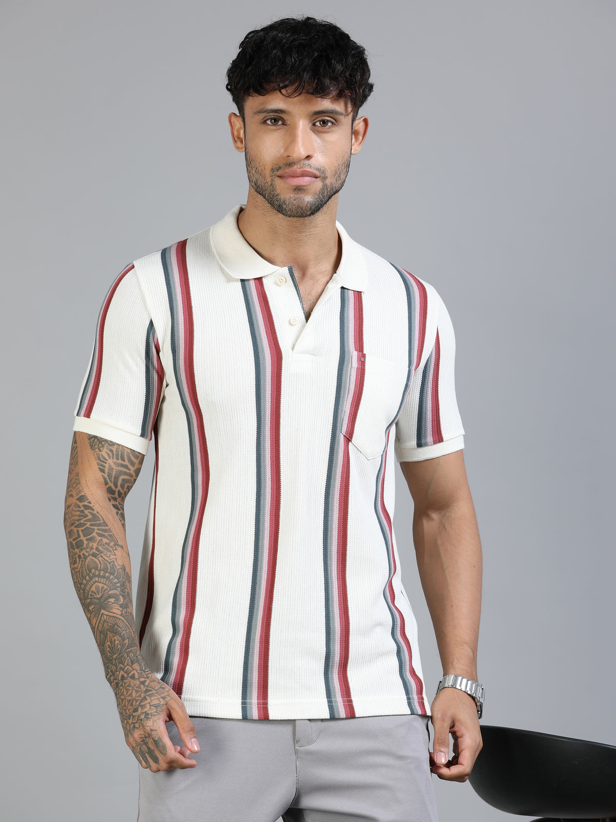 Men Red Slim Fit Kintted Vertical Stripe Polo T-Shirt