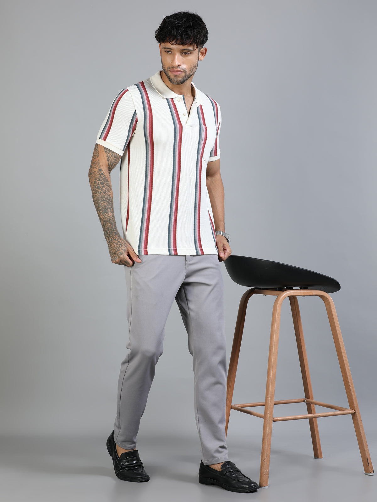 Men Red Slim Fit Kintted Vertical Stripe Polo T-Shirt