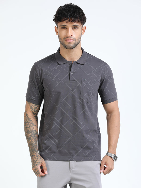 Men Black Slim Fit Zig Zag Printed Polo T-Shirt