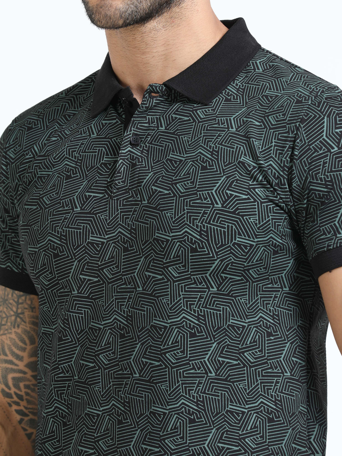 Men Olive Printed Regular Fit Half Sleeve Polo Neck T-Shirt