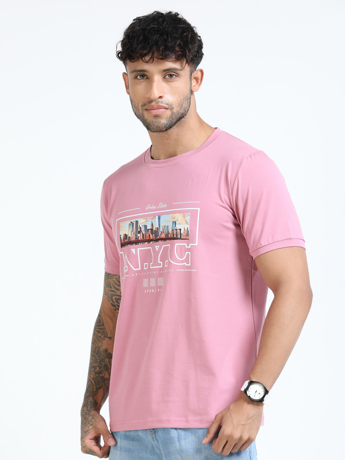 Men Pink Slim Fit Printed Crew Neck T-Shirt