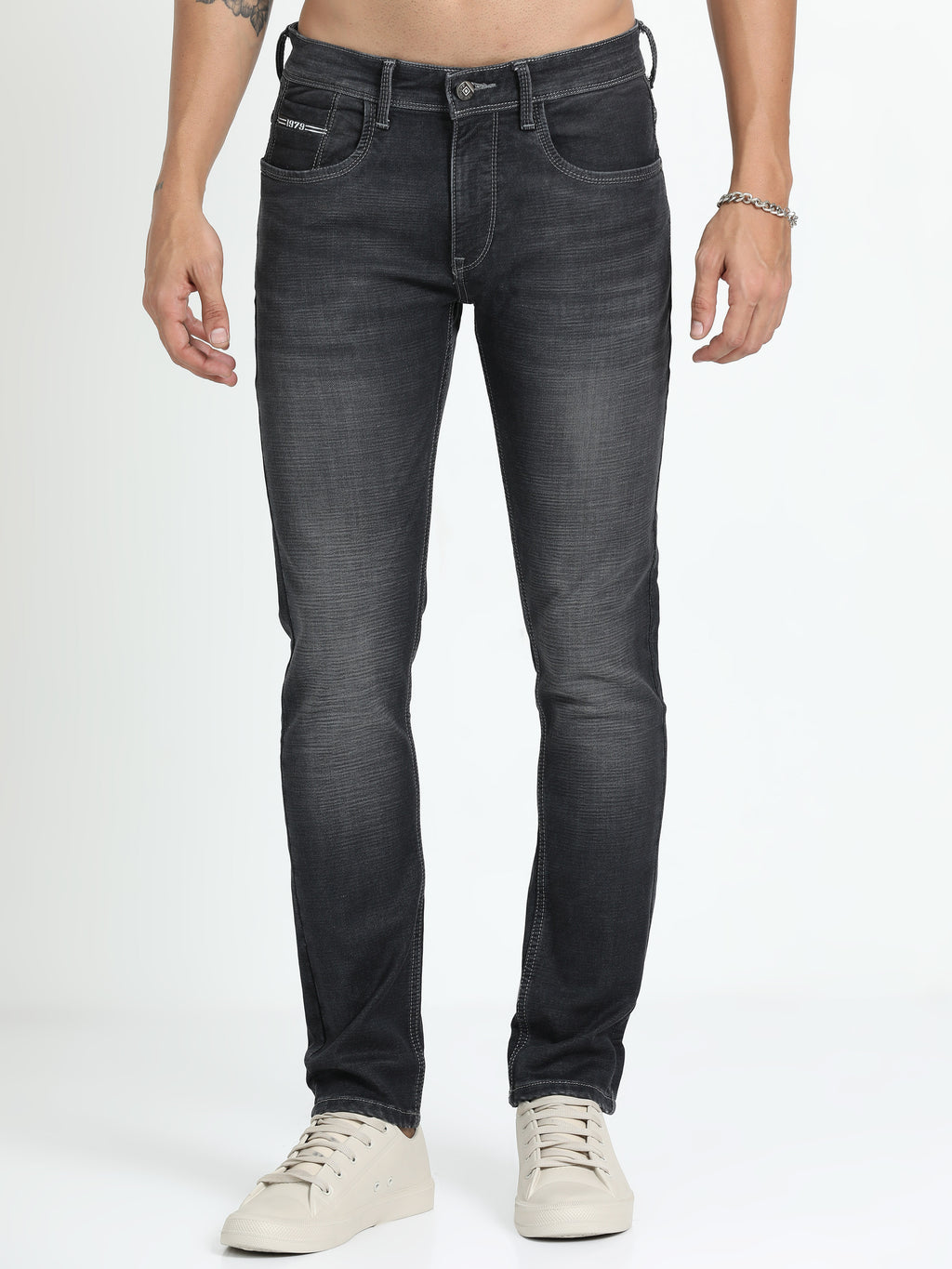 Shop Dark Grey Denim Ankle fit Cotton Jeans For Men Online