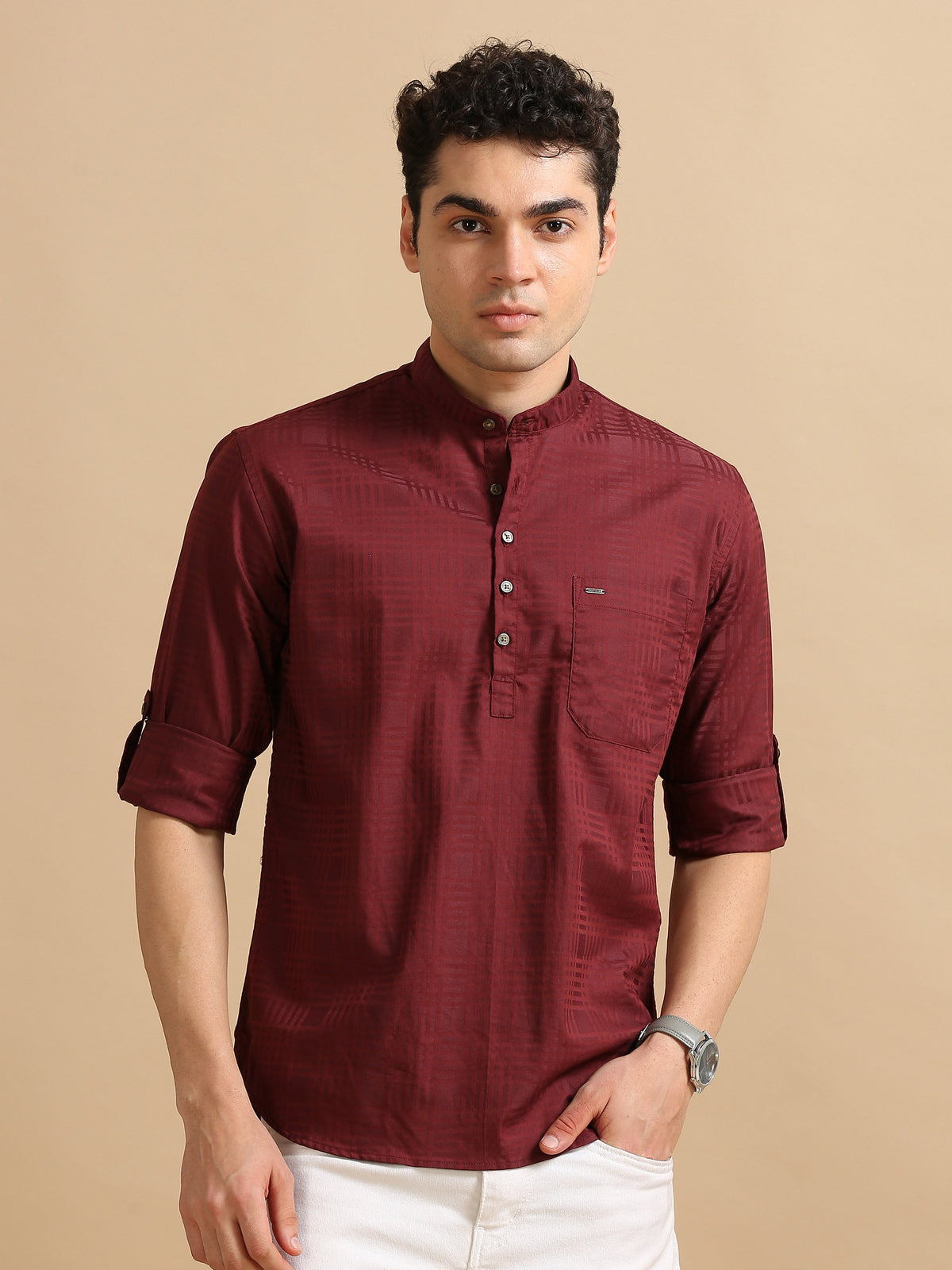 Men Maroon Slim Fit Checks Full Sleeve Casual Kurta Shirt