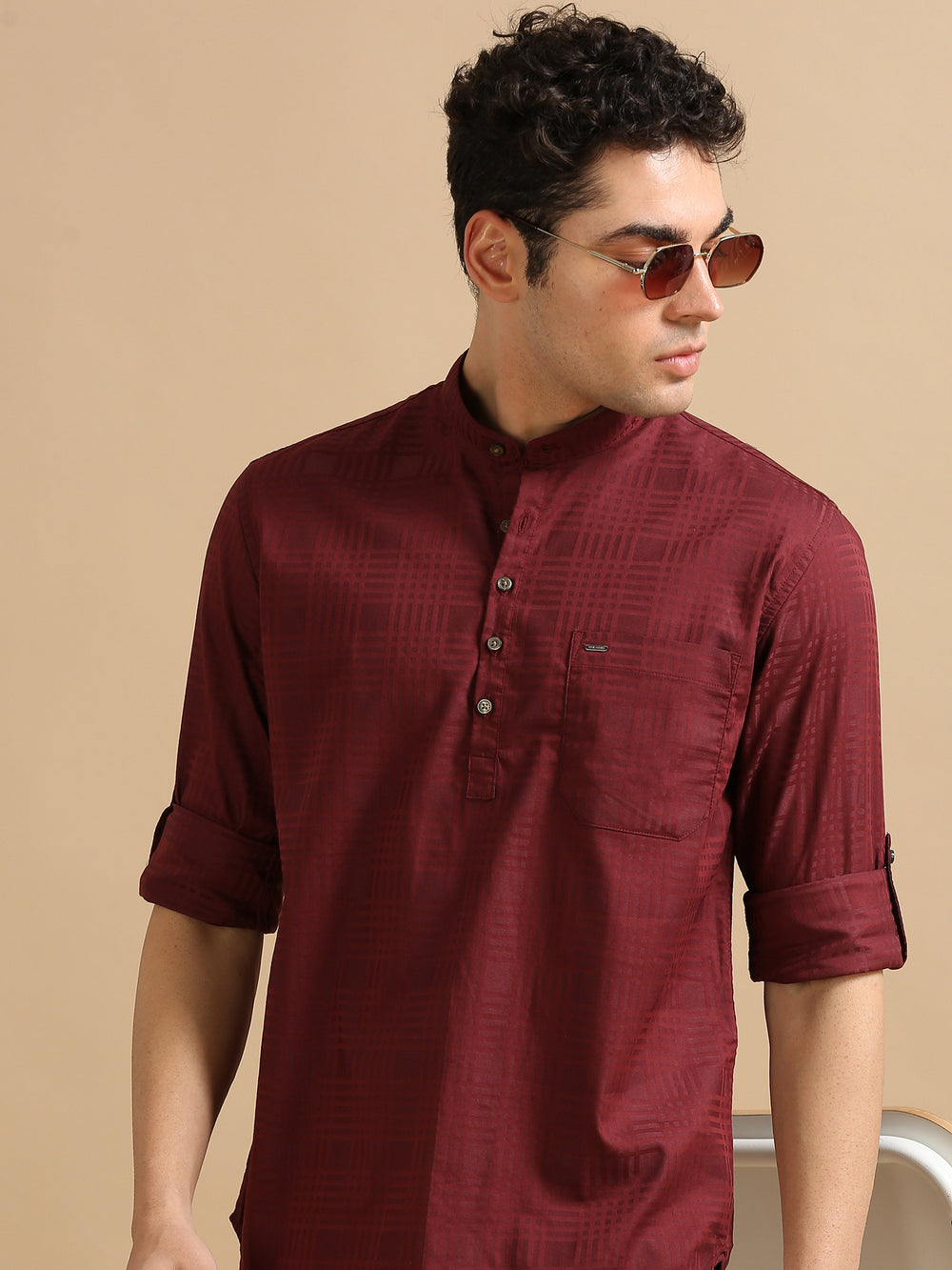 Men Maroon Slim Fit Checks Full Sleeve Casual Kurta Shirt