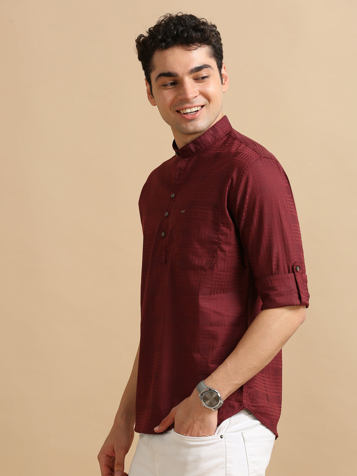 Men Maroon Slim Fit Checks Full Sleeve Casual Kurta Shirt