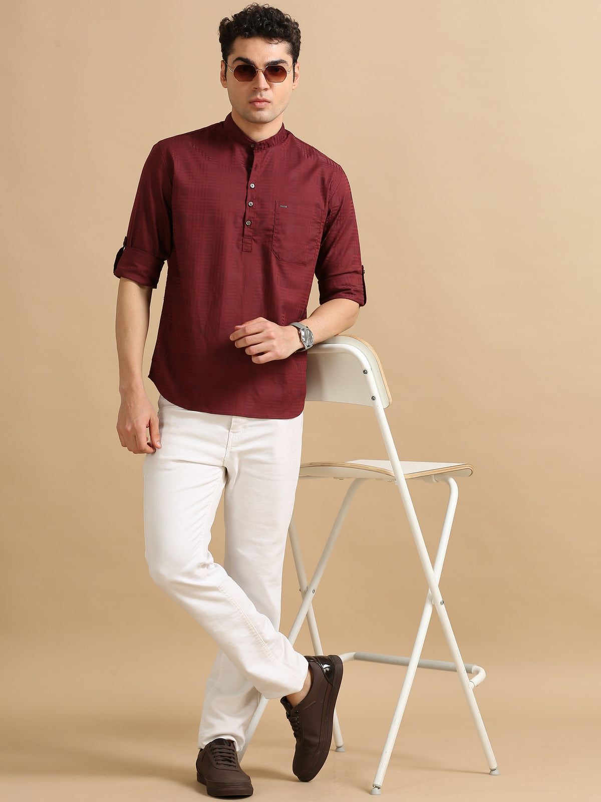 Men Maroon Slim Fit Checks Full Sleeve Casual Kurta Shirt