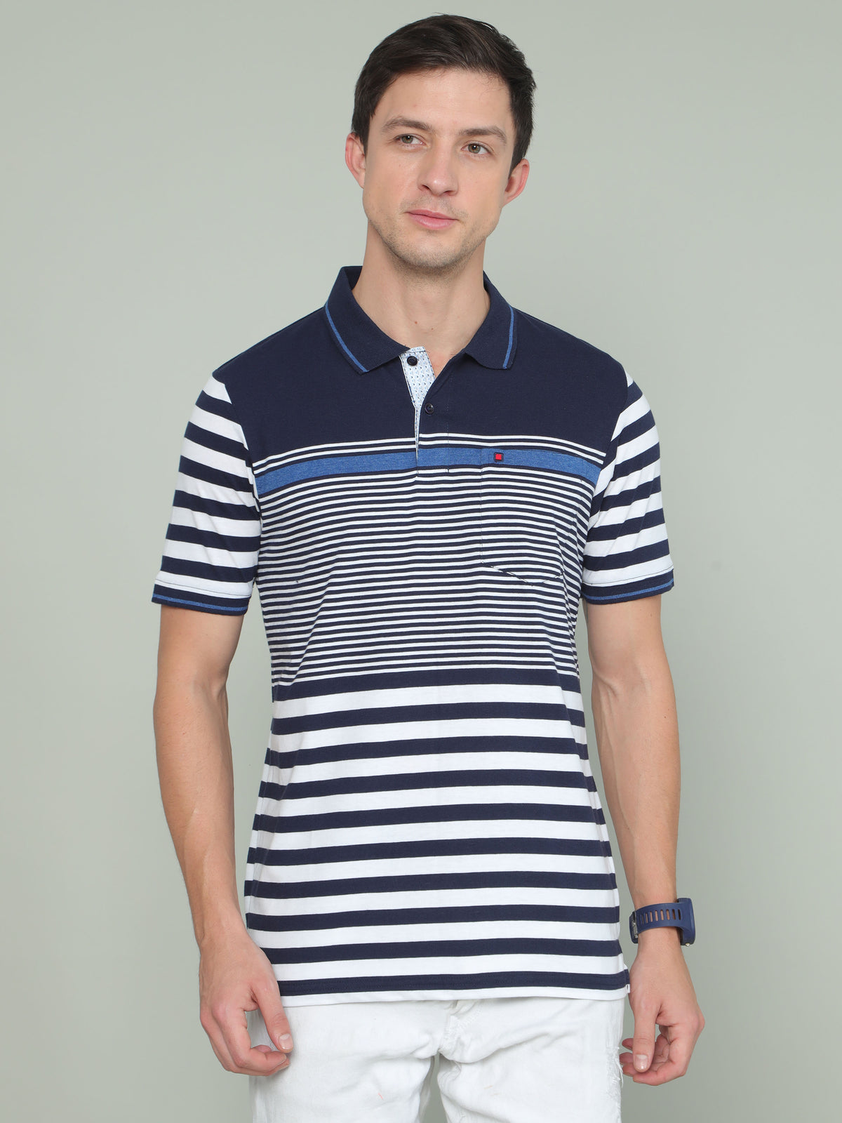 Men's Blue White Regular Fit Stripes Half Sleeves Polo Neck T-Shirts