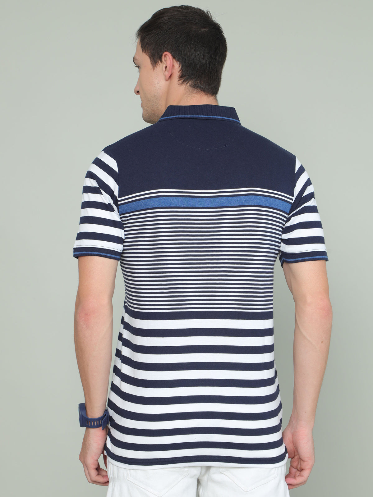 Men's Blue White Regular Fit Stripes Half Sleeves Polo Neck T-Shirts