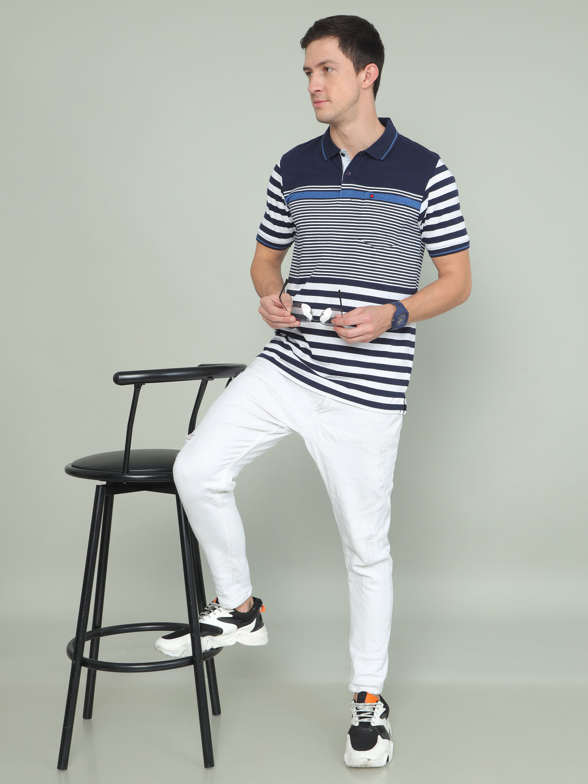Men's Blue White Regular Fit Stripes Half Sleeves Polo Neck T-Shirts