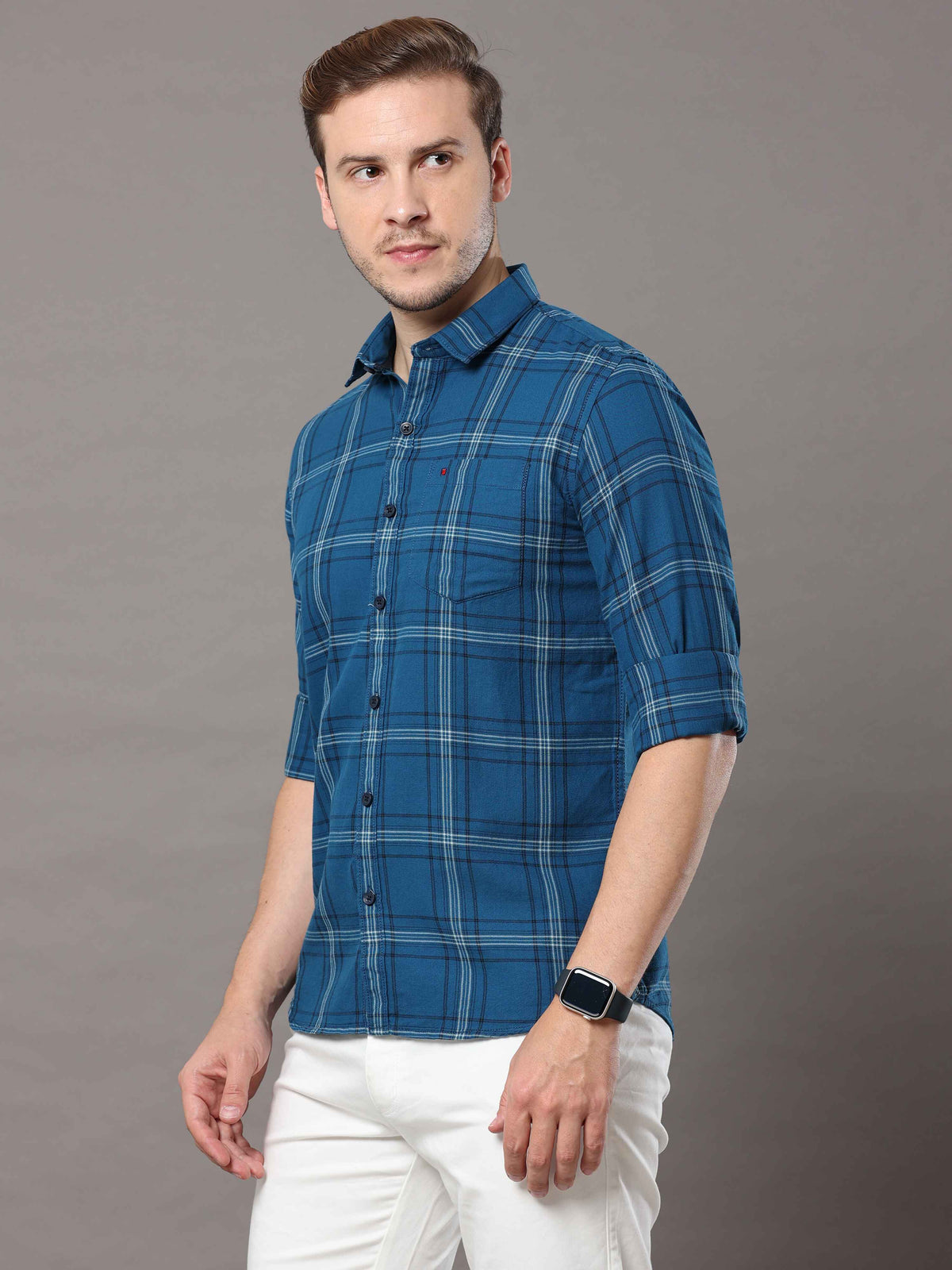 Men's Teal Slim Fit Checks Full Sleeves Casual Shirts