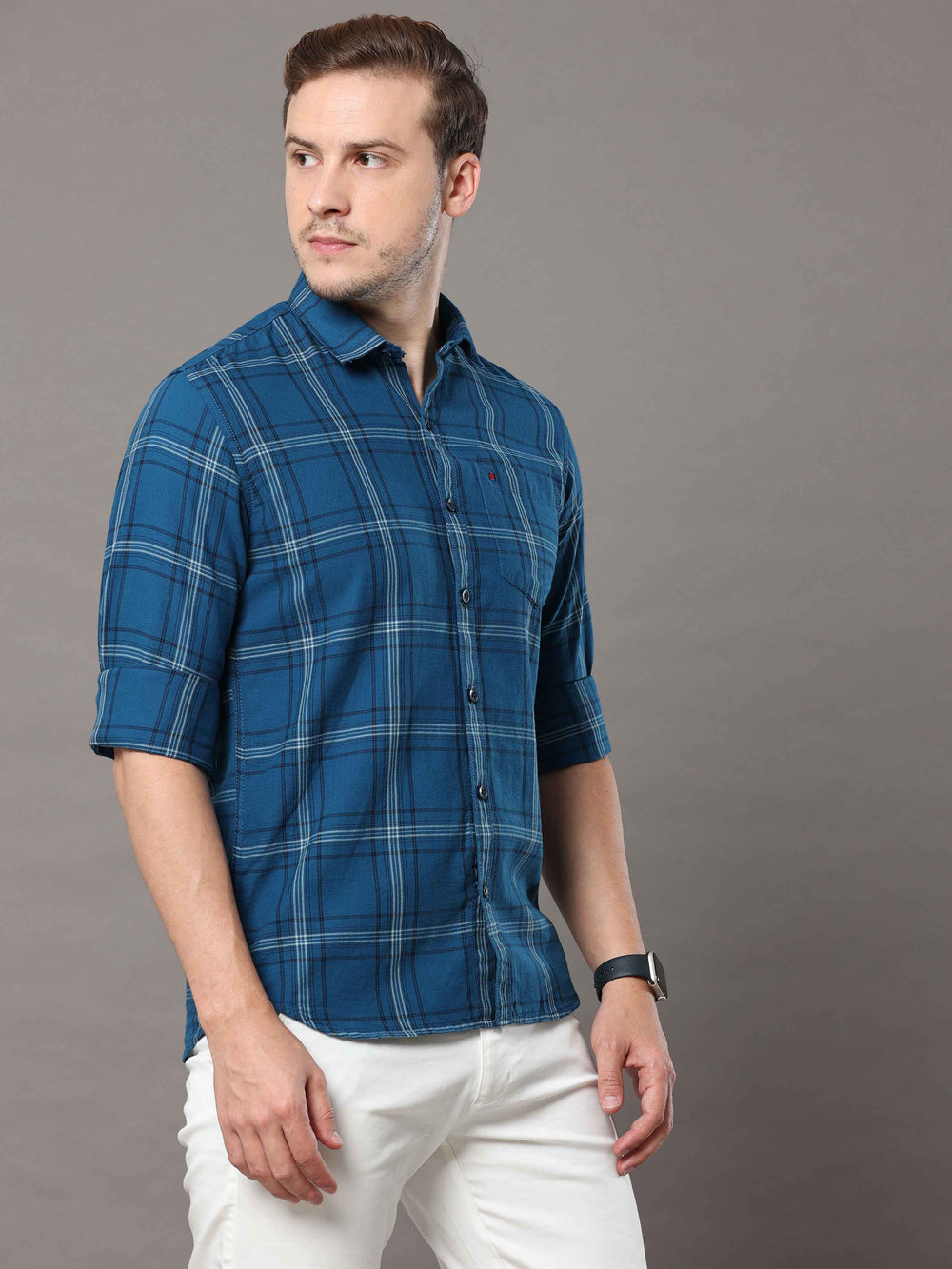 Men's Teal Slim Fit Checks Full Sleeves Casual Shirts