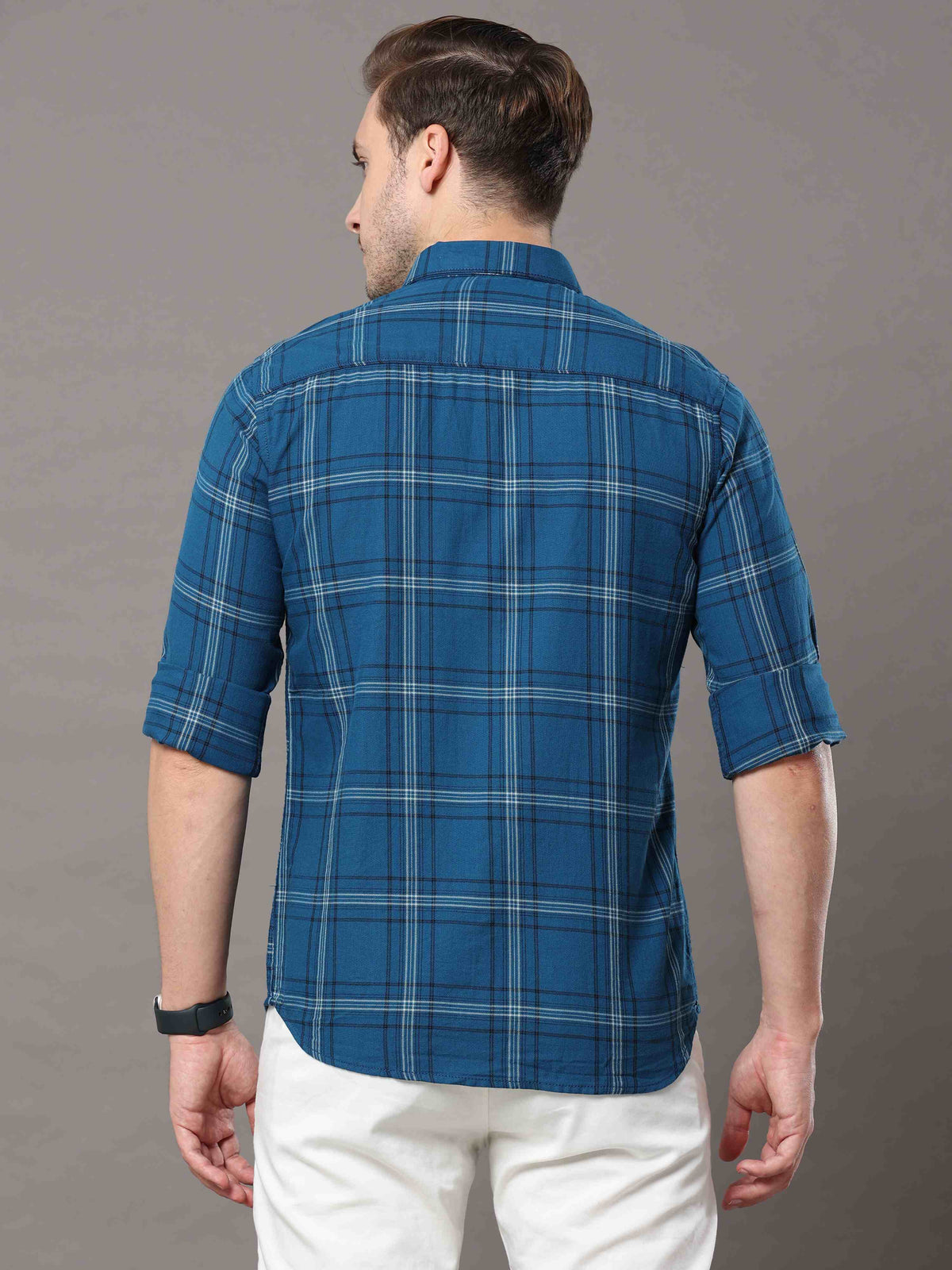 Men's Teal Slim Fit Checks Full Sleeves Casual Shirts