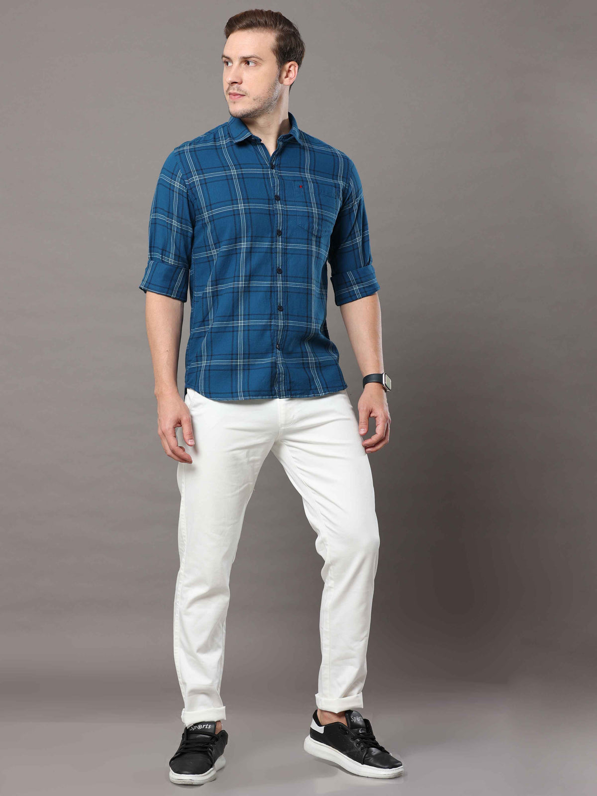 Men's Teal Slim Fit Checks Full Sleeves Casual Shirts