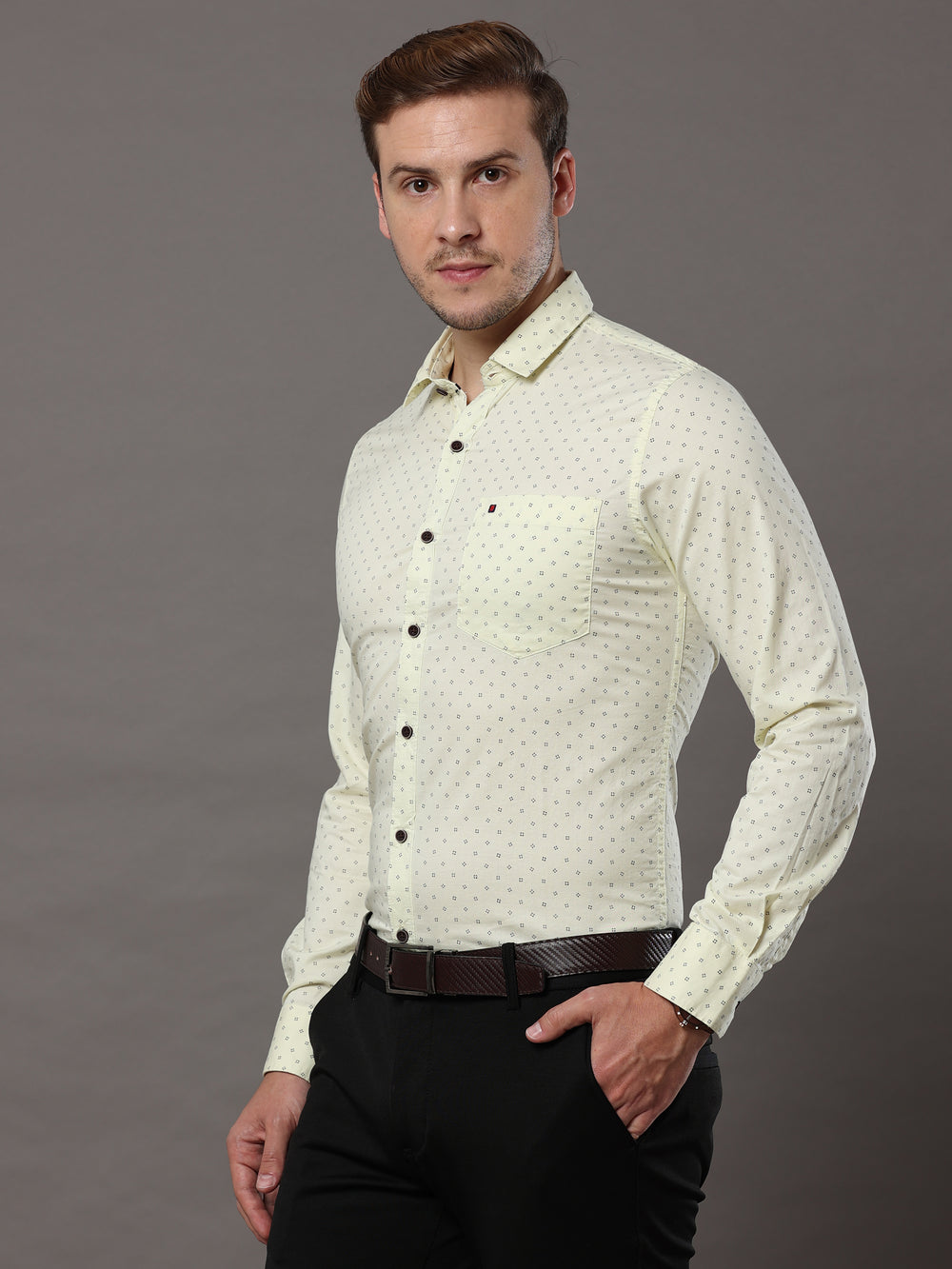 Men's Light Yellow Slim Fit Printed Full Sleeves Casual Shirts