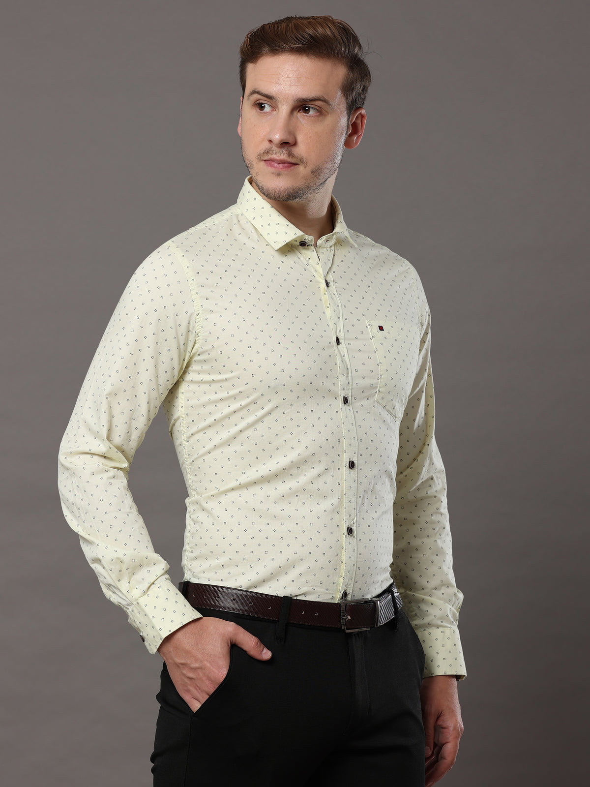Men's Light Yellow Slim Fit Printed Full Sleeves Casual Shirts