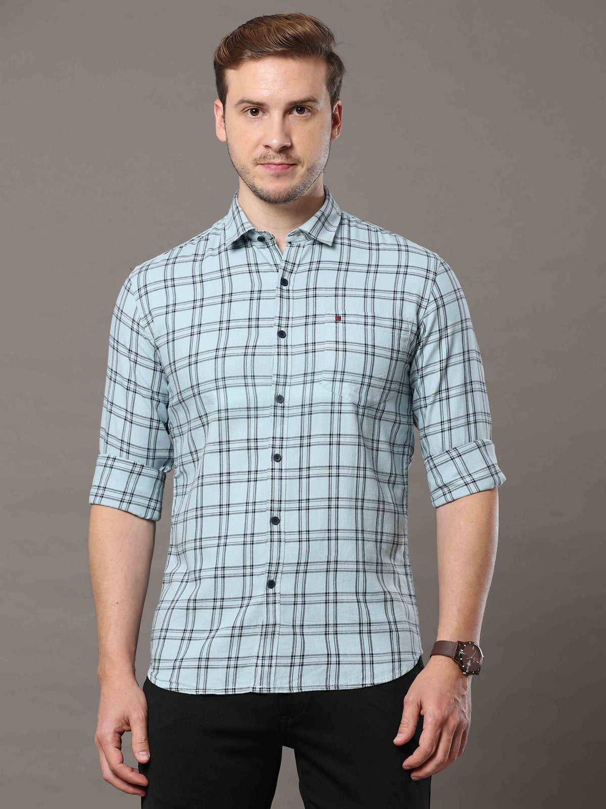 Men's Sky Blue Slim Fit Checks Full Sleeves Casual Shirts
