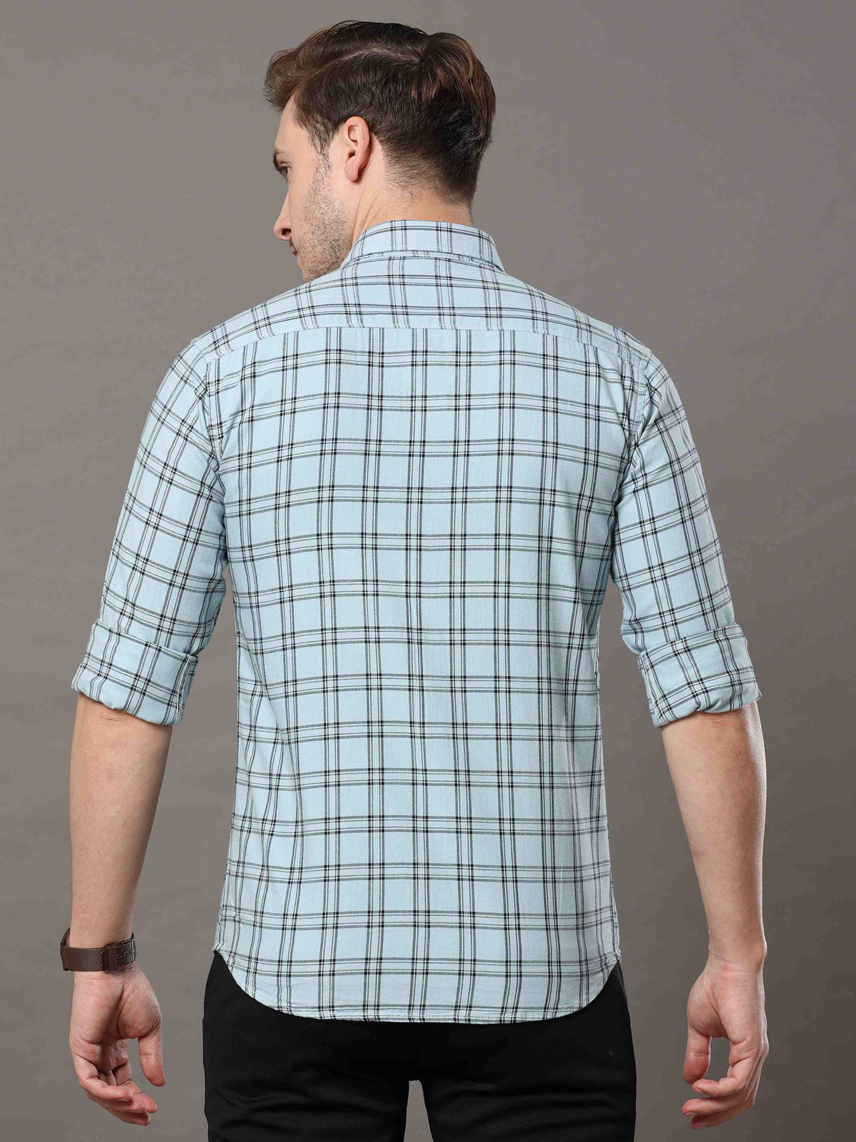 Men's Sky Blue Slim Fit Checks Full Sleeves Casual Shirts