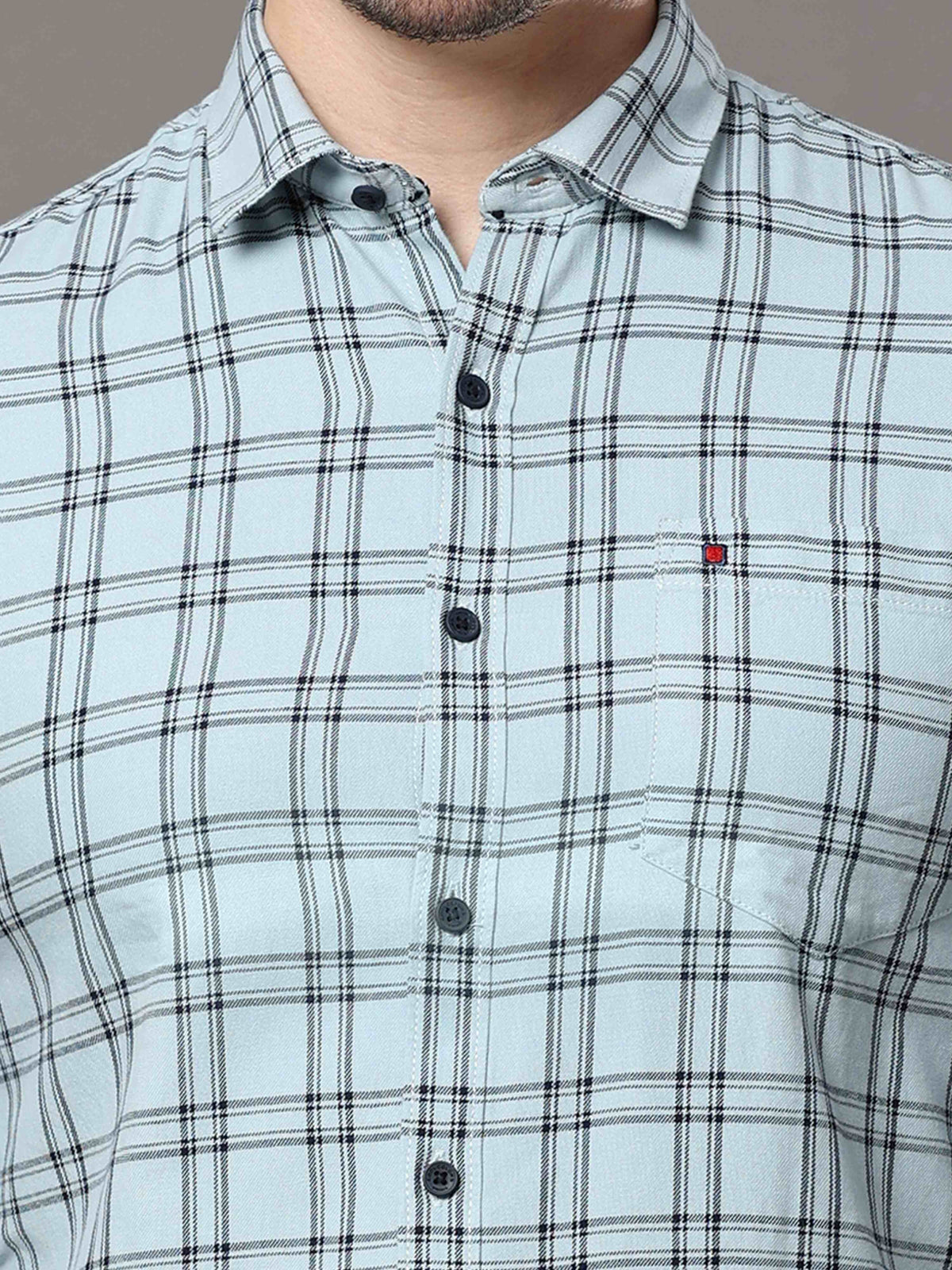 Men's Sky Blue Slim Fit Checks Full Sleeves Casual Shirts