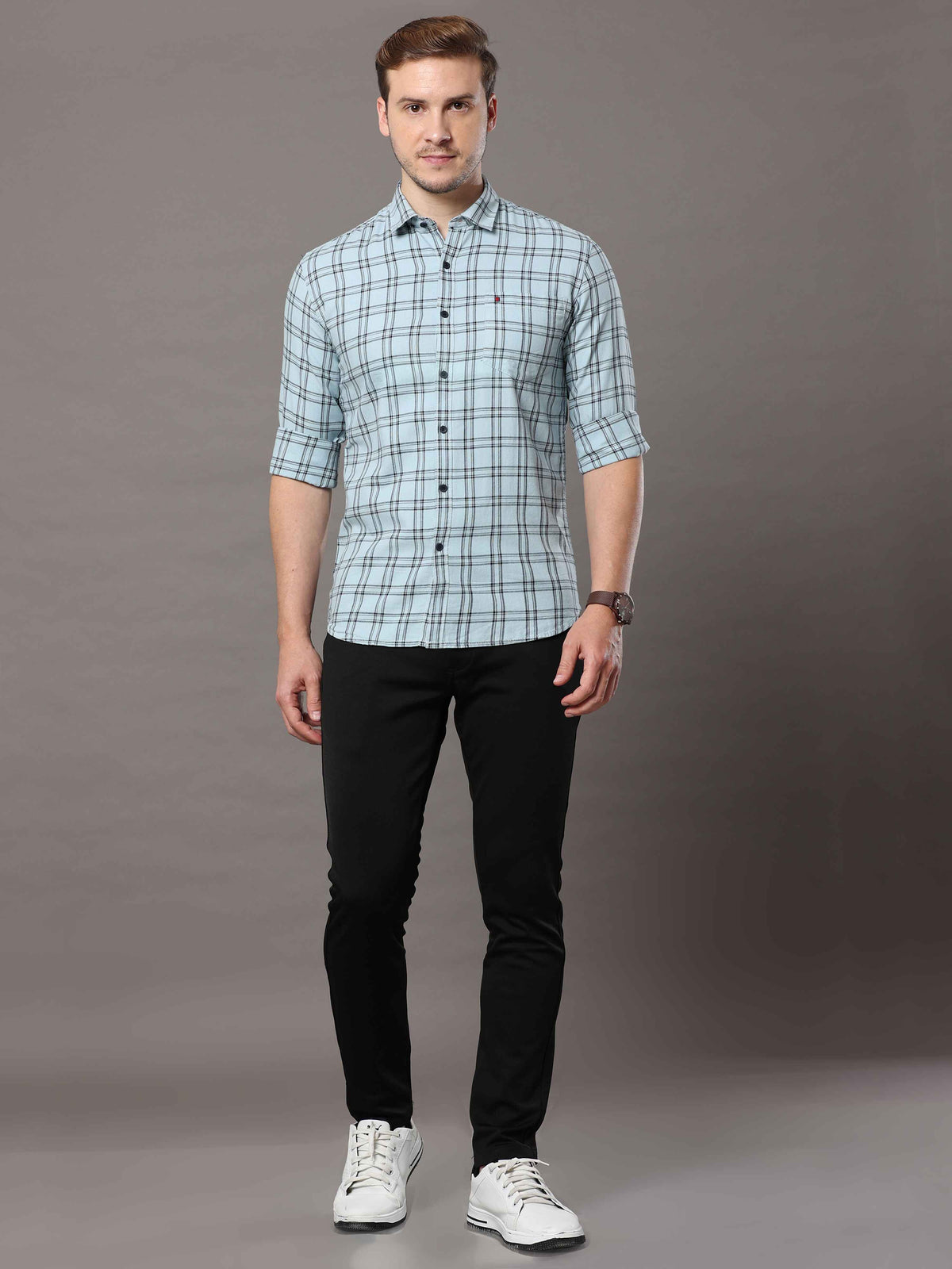 Men's Sky Blue Slim Fit Checks Full Sleeves Casual Shirts