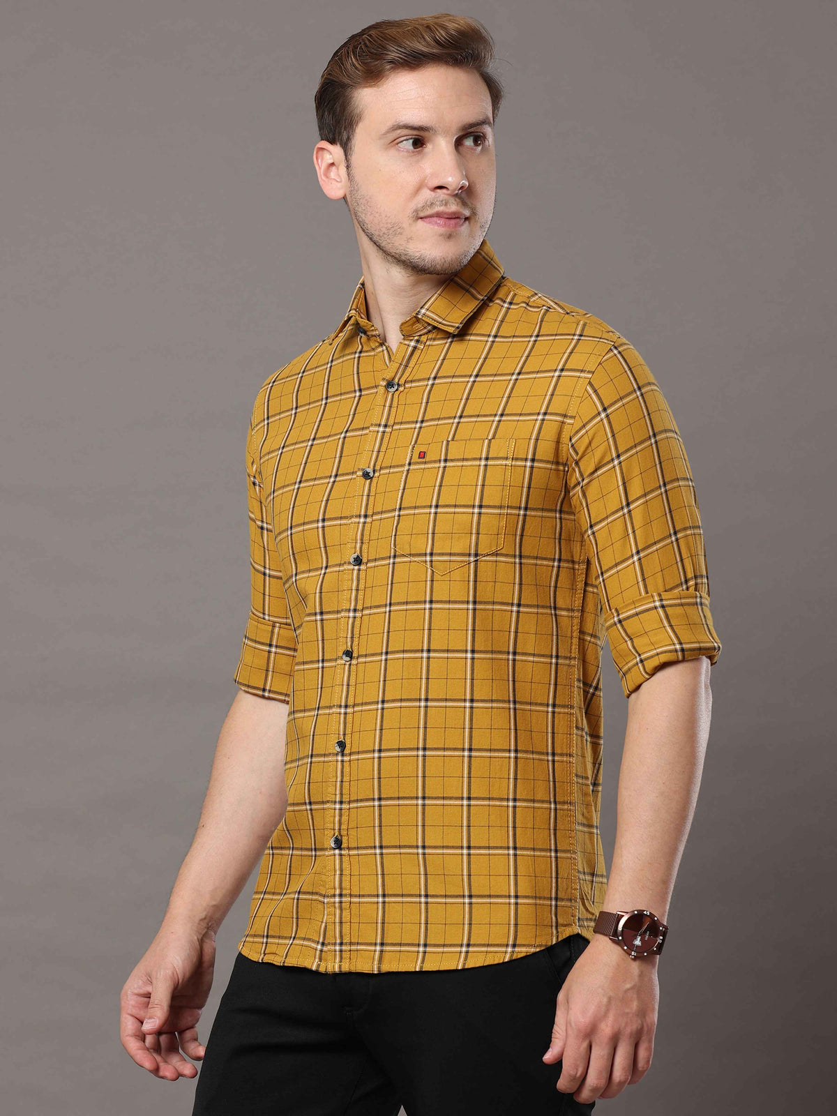 Men's Mustard Slim Fit Checks Full Sleeves Casual Shirts