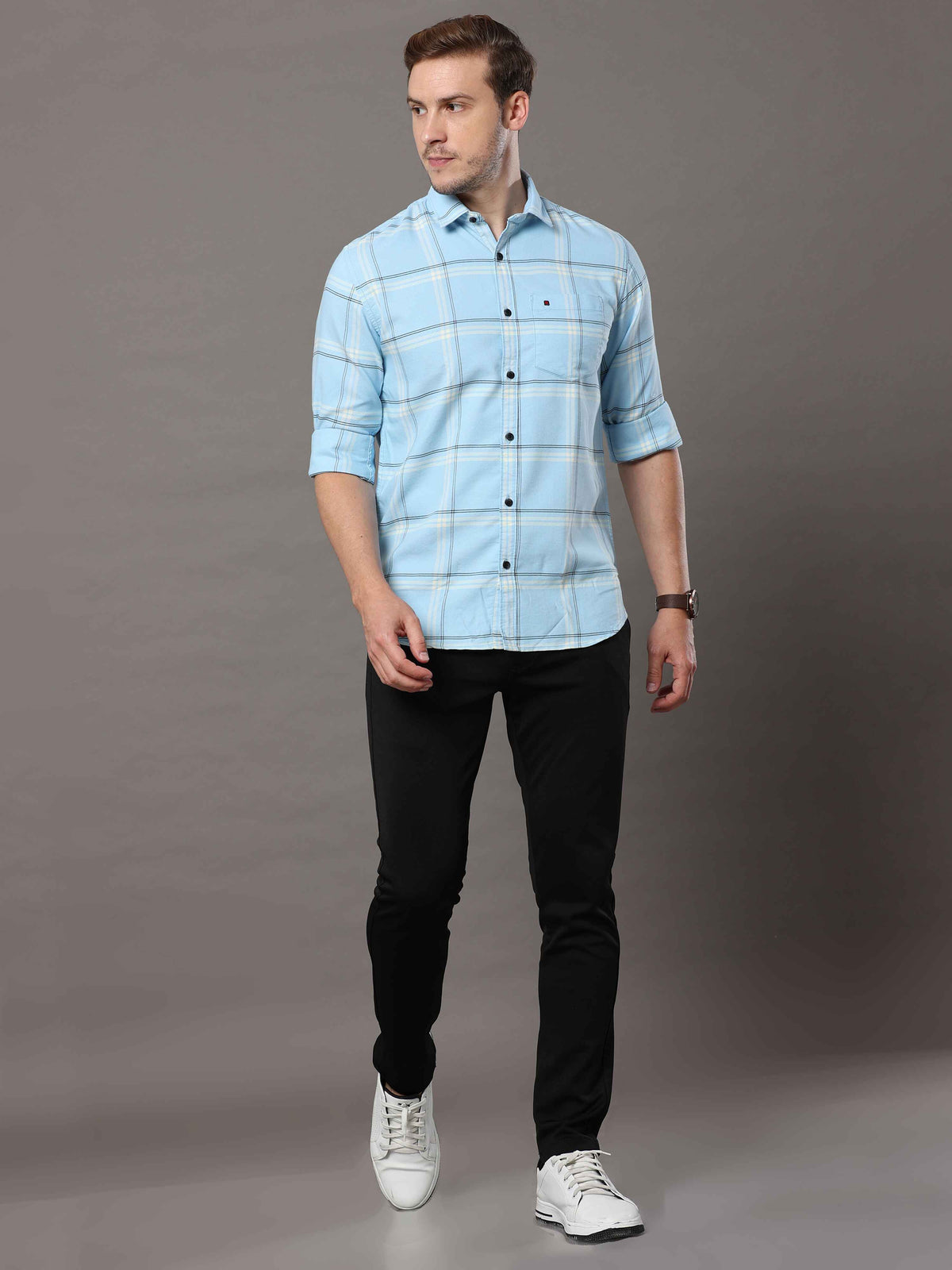 Men's Light Blue Slim Fit Checks Full Sleeves Casual Shirts