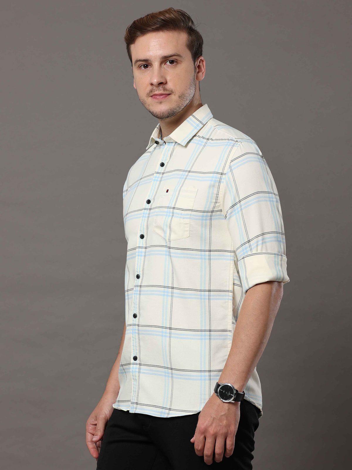 Men's Cream Slim Fit Checks Full Sleeves Casual Shirts