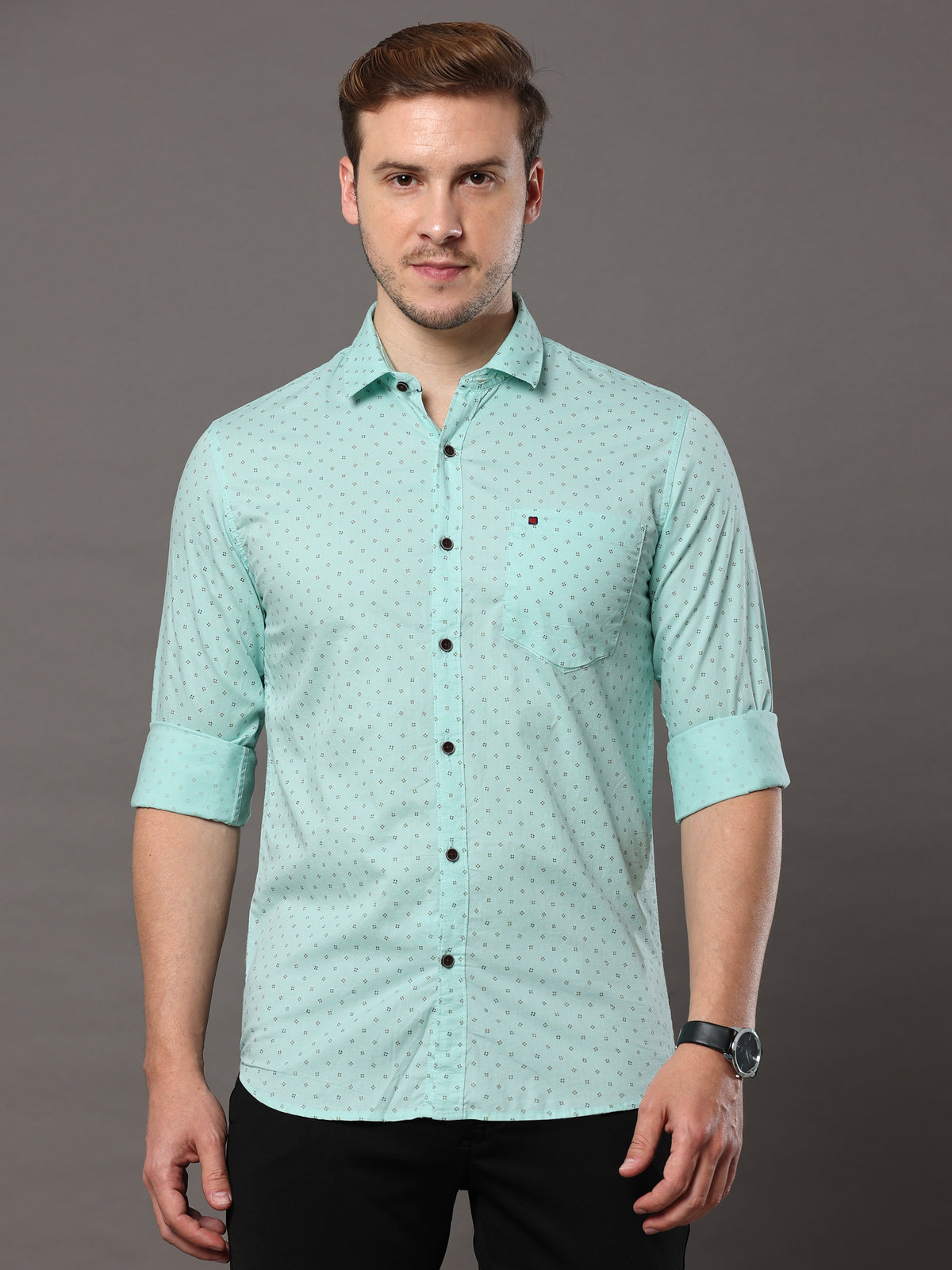 Men's Aqua Blue Slim Fit Printed Full Sleeves Casual Shirts