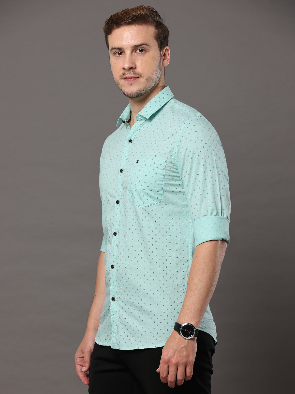 Men's Aqua Blue Slim Fit Printed Full Sleeves Casual Shirts