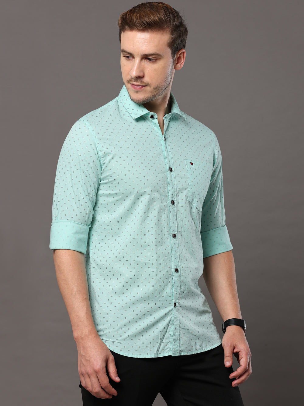 Men's Aqua Blue Slim Fit Printed Full Sleeves Casual Shirts