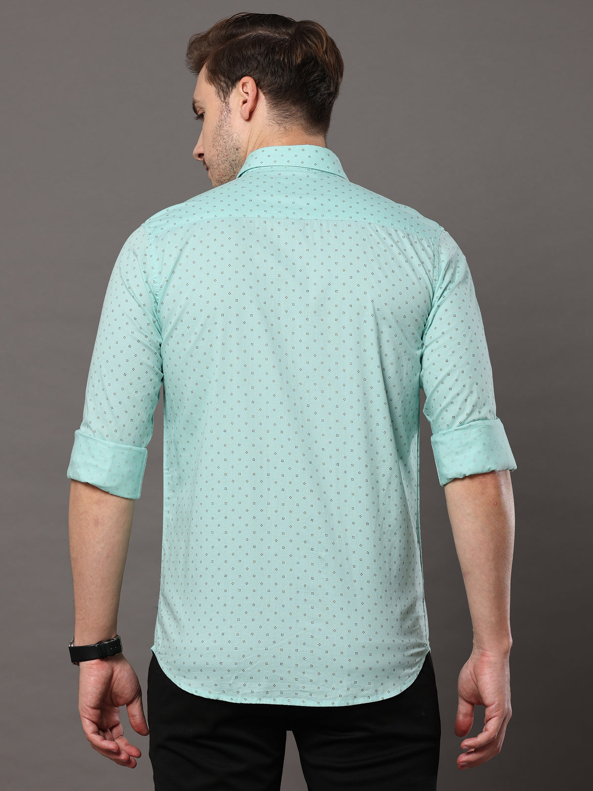 Men's Aqua Blue Slim Fit Printed Full Sleeves Casual Shirts