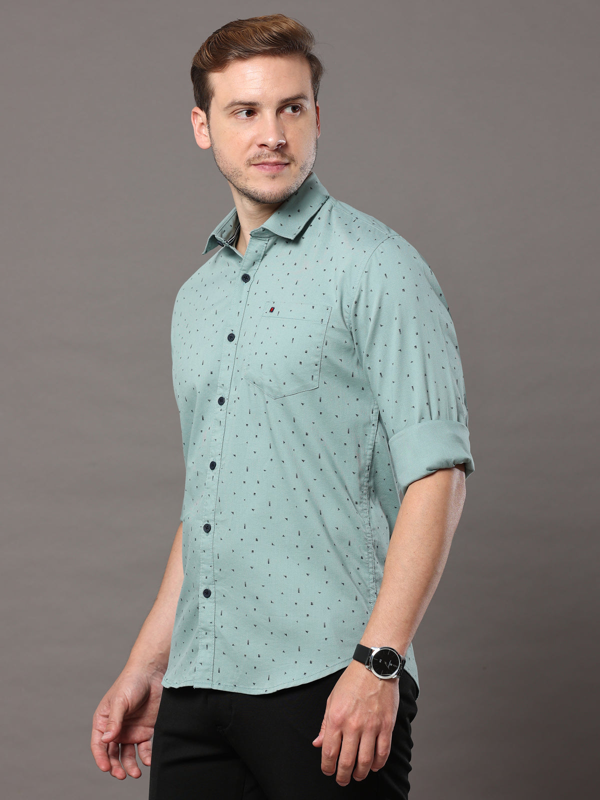 Men's Light Green Slim Fit Printed Full Sleeves Casual Shirts