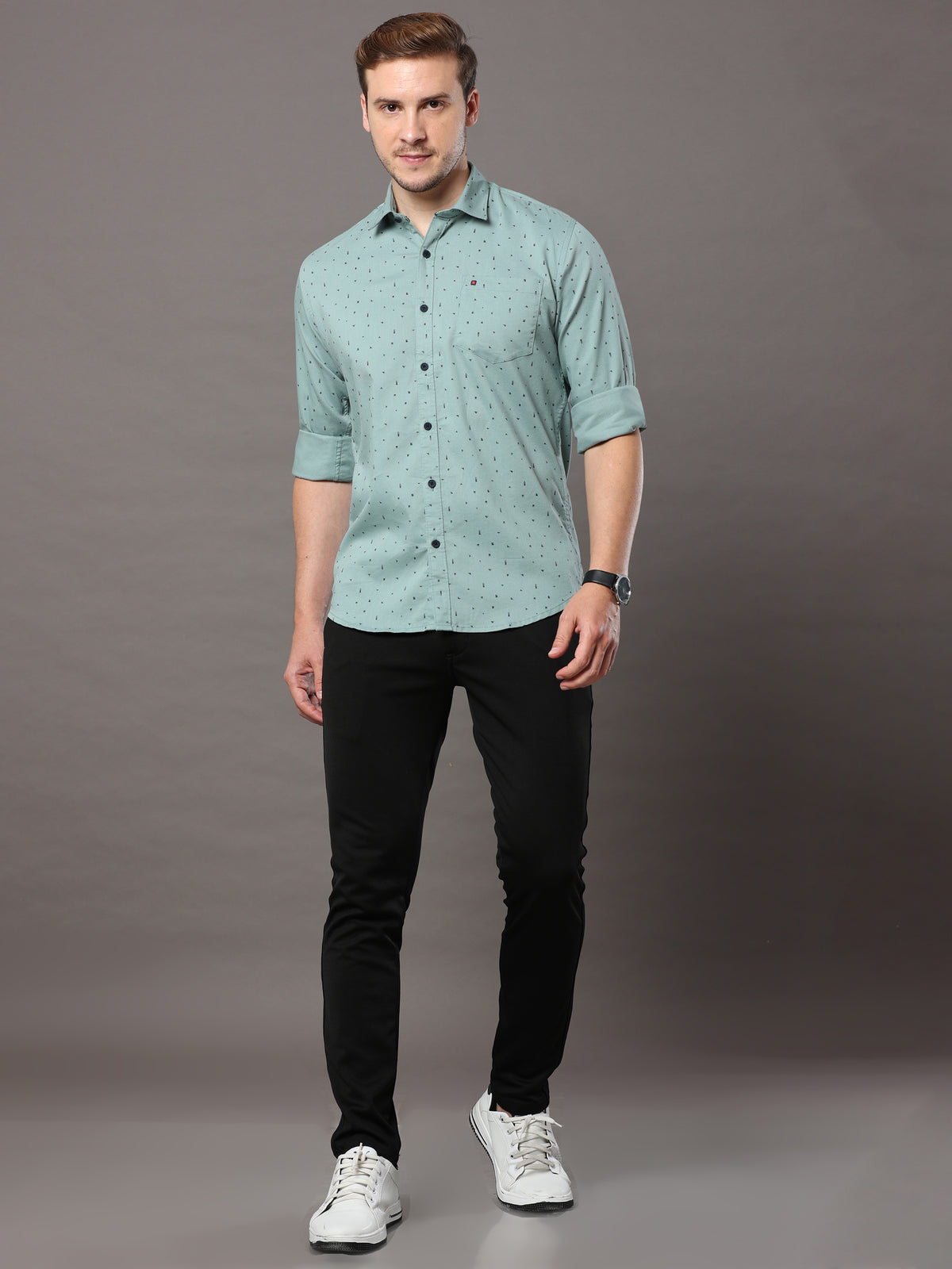 Men's Light Green Slim Fit Printed Full Sleeves Casual Shirts