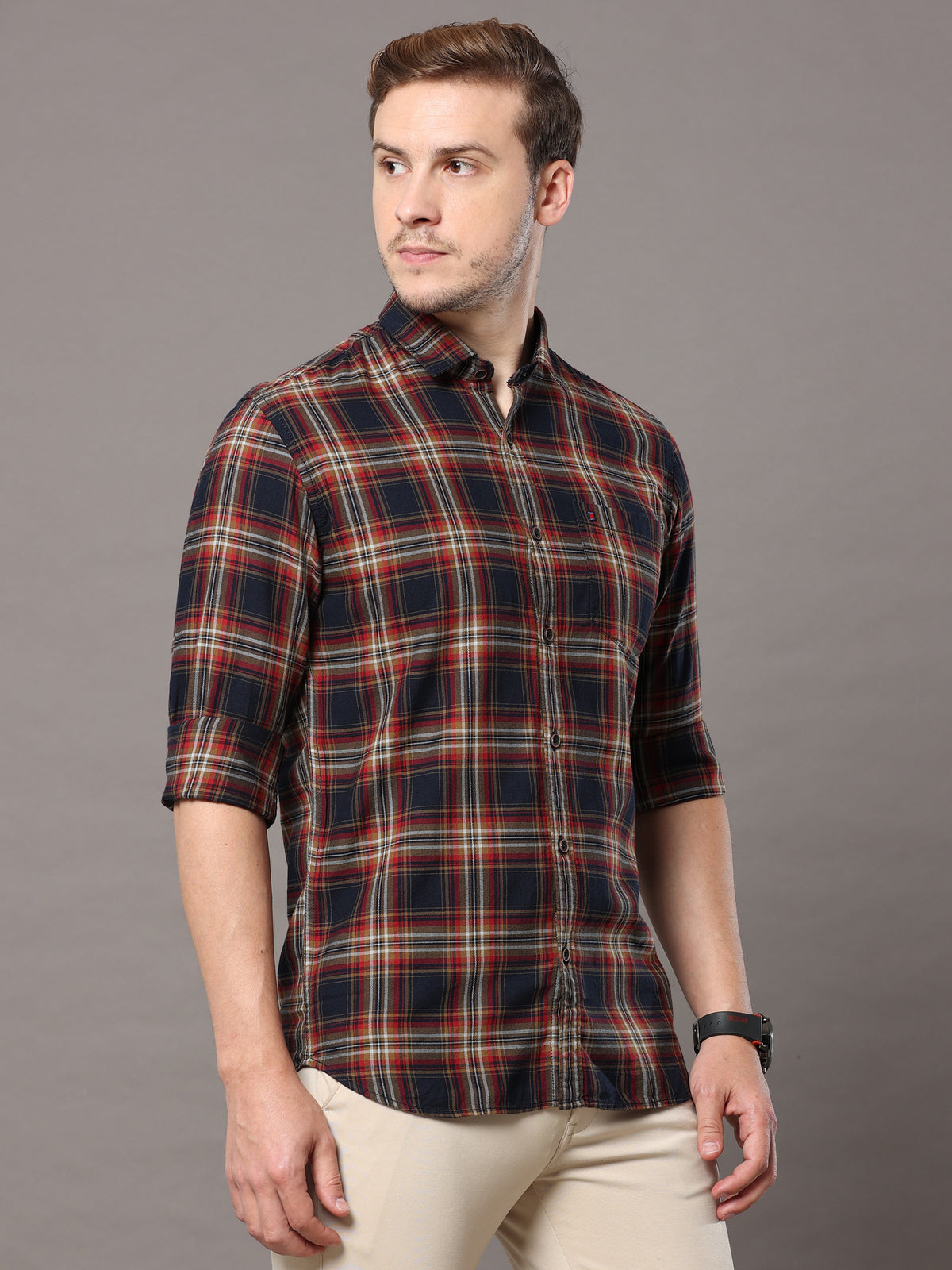 Men's Brown Slim Fit Checks Full Sleeves Casual Shirts