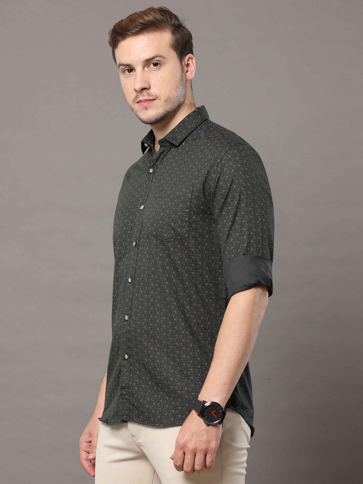 Men's Dark Green Slim Fit Printed Full Sleeves Casual Shirts