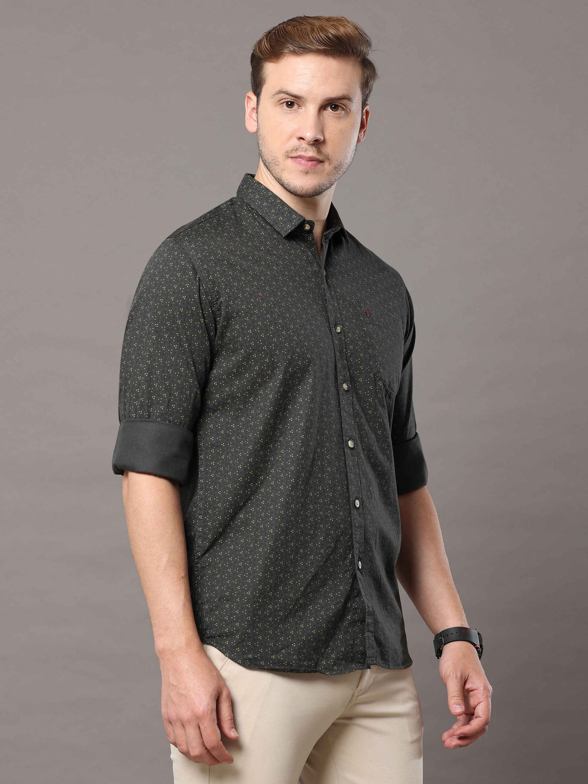 Men's Dark Green Slim Fit Printed Full Sleeves Casual Shirts