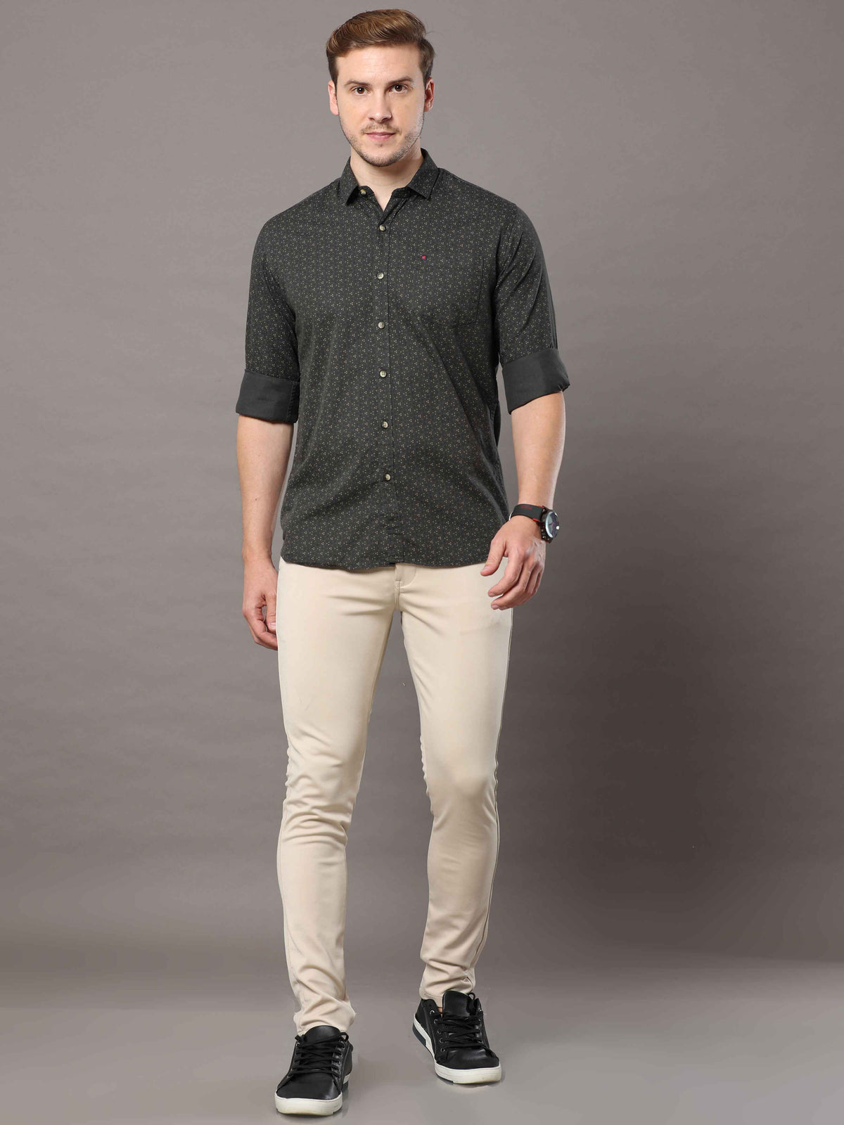 Men's Dark Green Slim Fit Printed Full Sleeves Casual Shirts
