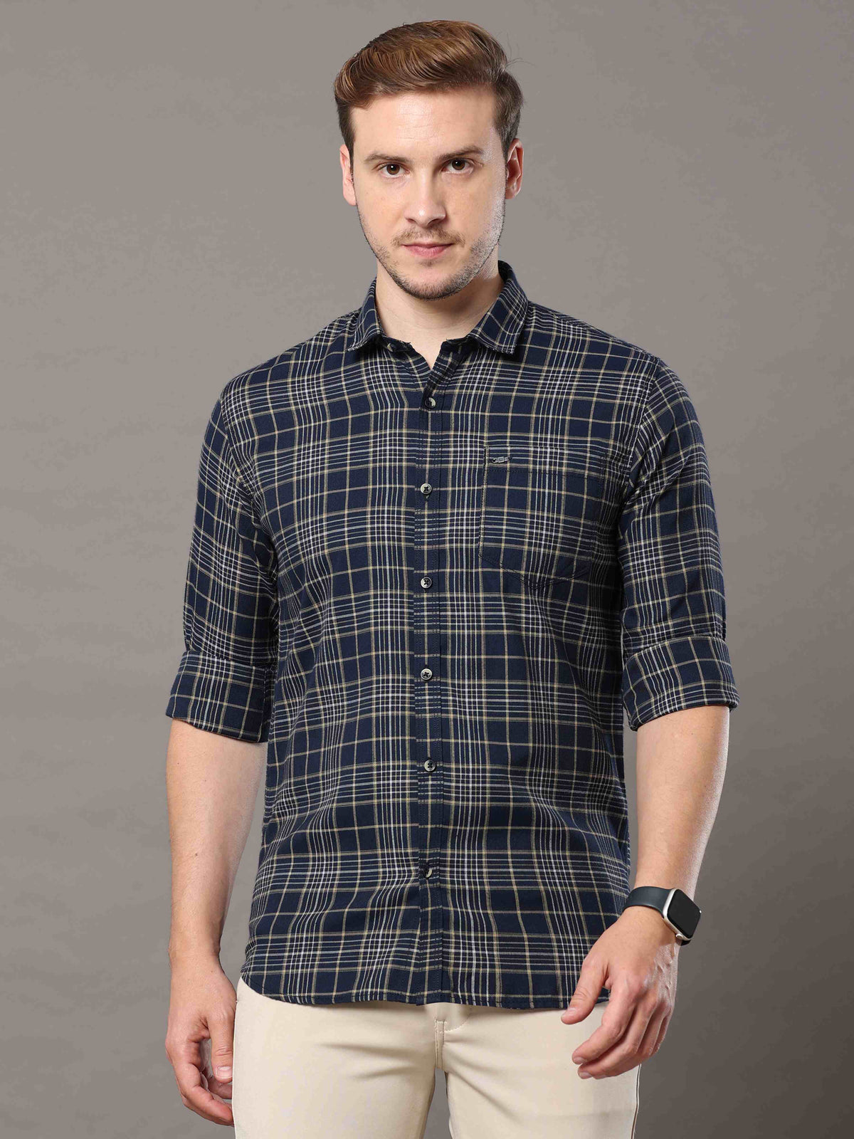 Men's Navy Slim Fit Checks Full Sleeves Casual Shirts
