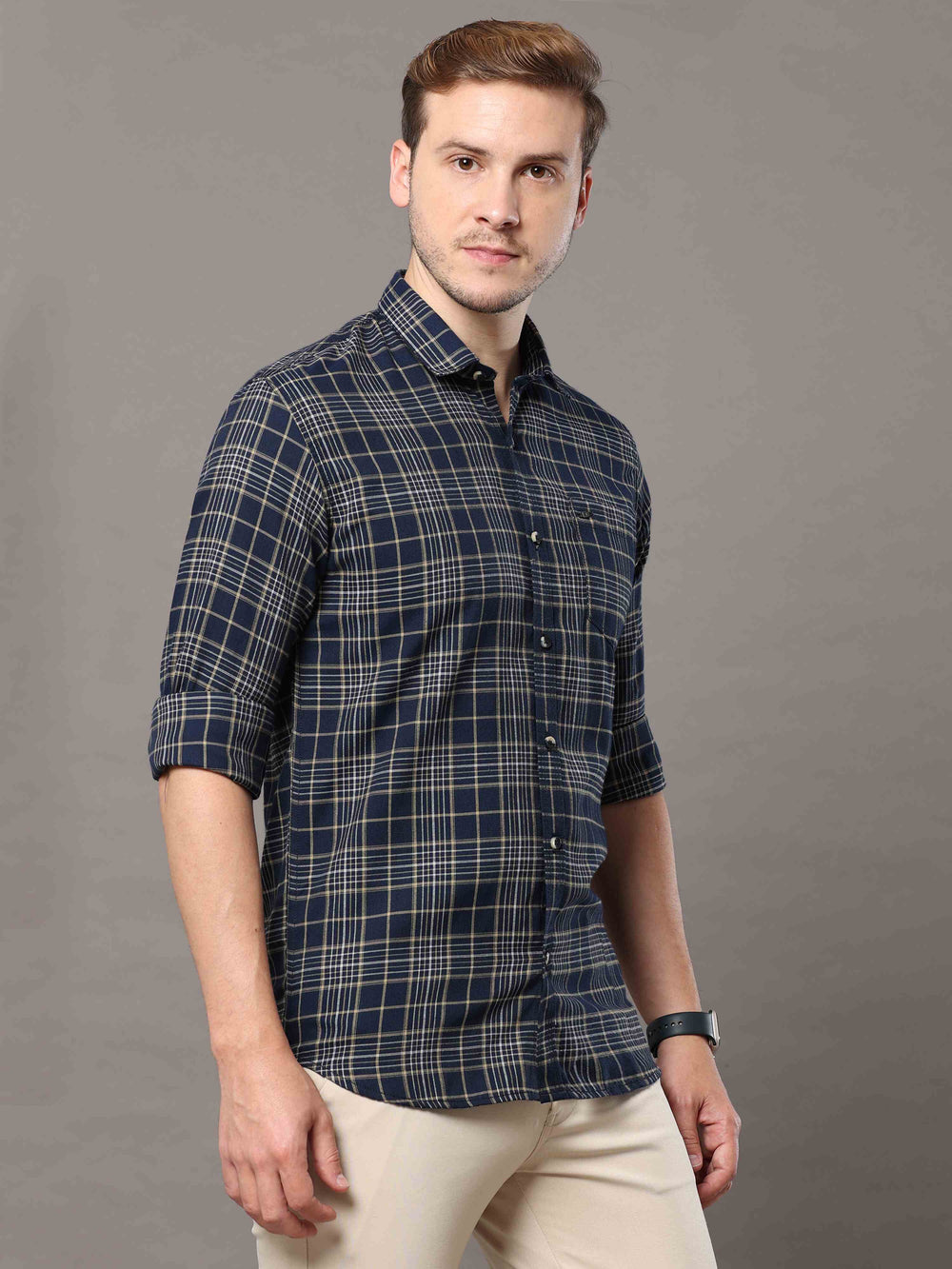 Men's Navy Slim Fit Checks Full Sleeves Casual Shirts