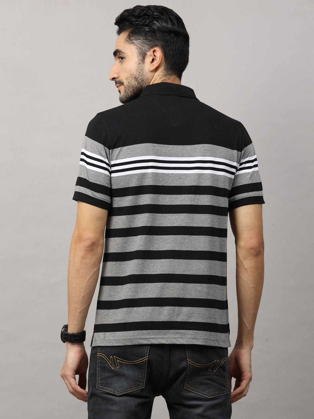 Men's Black Grey Regular Fit Stripes Half Sleeves Polo Neck T-Shirt