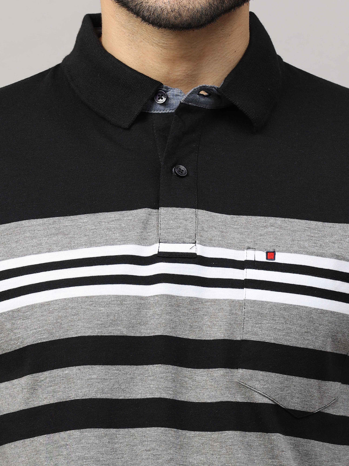 Men's Black Grey Regular Fit Stripes Half Sleeves Polo Neck T-Shirt