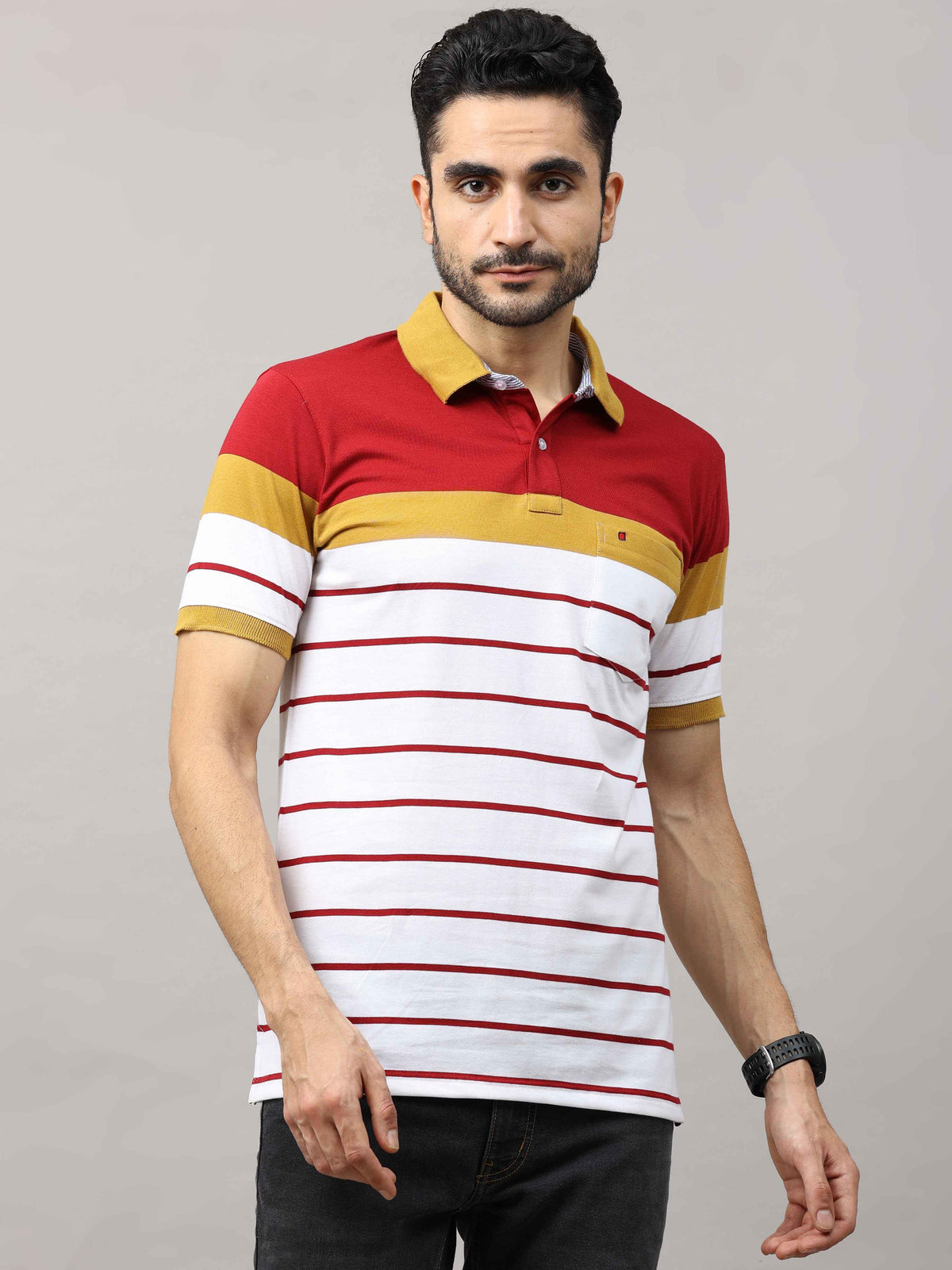 Men's Mustard Regular Fit Stripes Half Sleeves Polo Neck T-Shirt