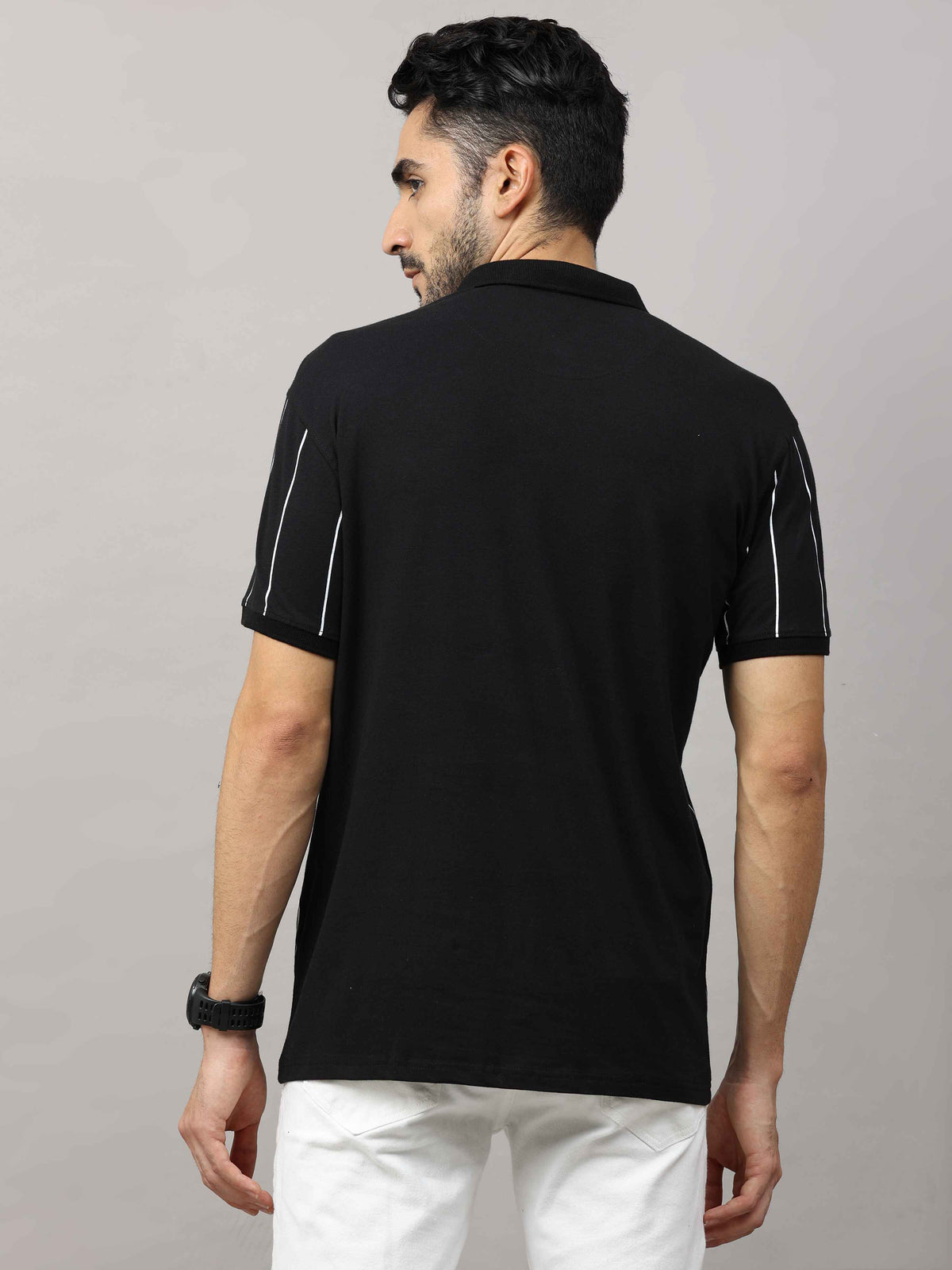 Men's Black Regular Fit Stripes Half Sleeves Polo Neck T-Shirt
